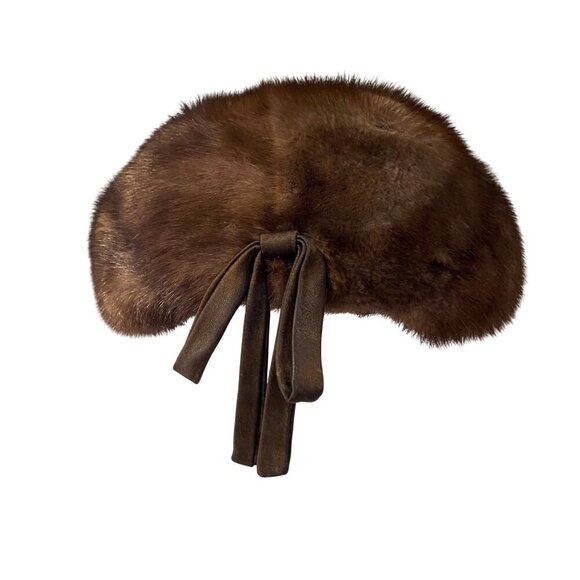 Vintage Brown Mink Fur Hat With Ribbon Tie Accent from Christine Originals - Picture 3 of 13